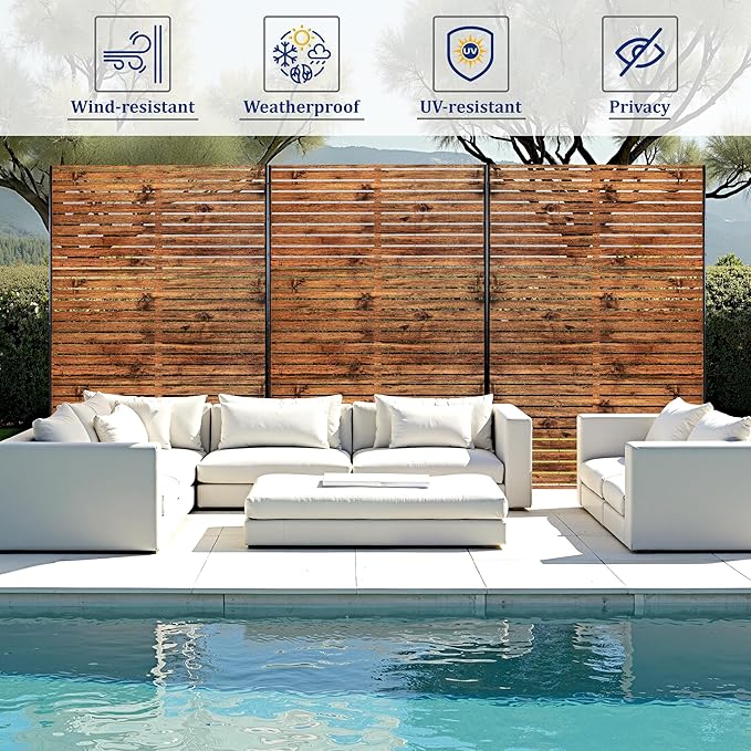 Metal Privacy Screen Outdoor 72" H×47" W Natural Wood Brown Patio Privacy Screen, Freestanding Decorative Privacy Screen for Deck Balcony Patio