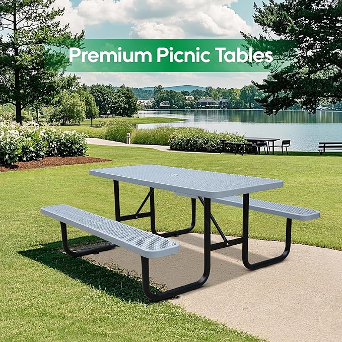 4FT Rectangular Metal Picnic Table for Outdoors, Commercial Steel Metal Picnic Tables, Heavy Duty Sturdy Picnic Tables Furniture Set for Patio Garden Courtyard BBQ, with Umbrella Hole, Grey