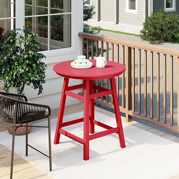 Costaelm Patio Bistro Table, 37" Counter Height Round Patio Cocktail Bar Table with Umbrella Hole, Outdoor Bistro Dining Pub Table for Front Porch Deck Backyard Garden, Red