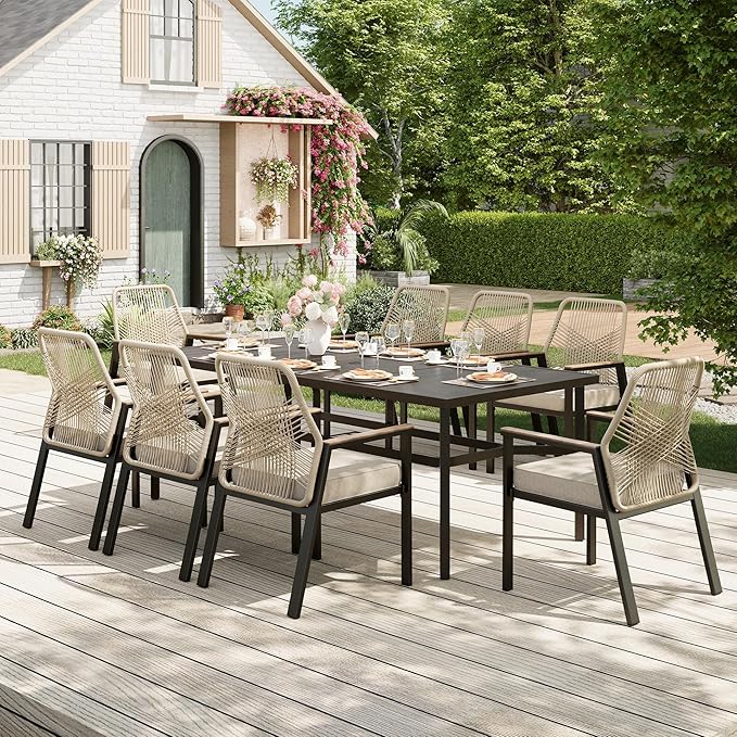 9 Pieces Outdoor Dining Set for 8, Patio Dining Set Wicker Rattan Chairs with 3.1" Cushion and Rectangular Table with Umbrella Hole, Wicker Patio Table and Chairs for Backyard Porch