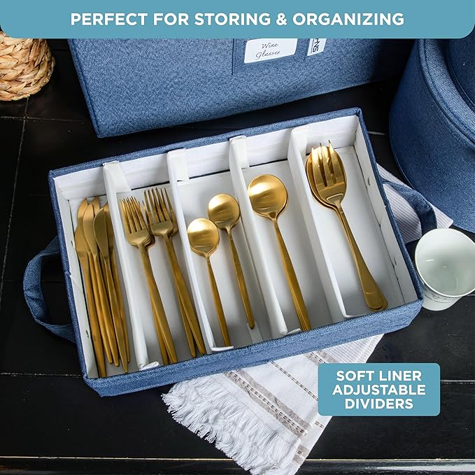 China Storage Hard Shell Containers 8-Piece Set Moving Boxes for Dinnerware, Glasses, Plates, Mugs and Saucers Sturdy Dish Organizer with Dividers for Seasonal Storage - Service for 12 - Denim Blue