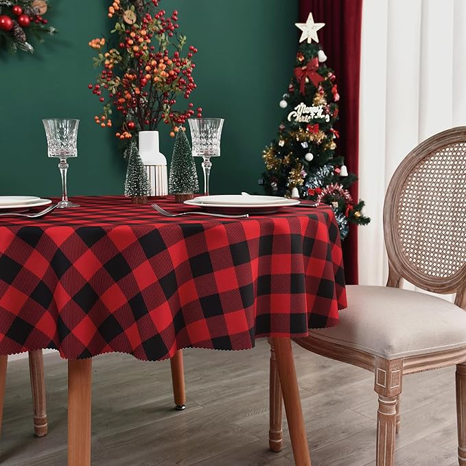 Waterproof Plaid Tablecloth Fabric - Round 90 Inch Classic Gingham Checker Table Cloth for Indoor/Outdoor Use - Buffalo Table Cover for Picnics, BBQs, and Parties