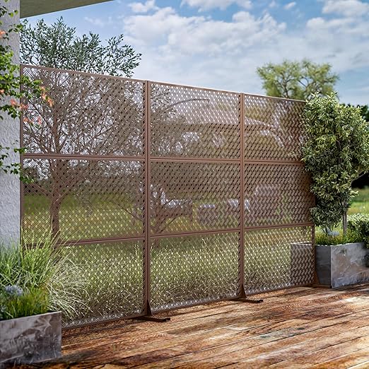 Casaphoria 72" H x 47" W Metal Outdoor Privacy Screen, Freestanding Decorative Divider for Patio, Deck, Balcony, and Garden with Stable Base, Brown-Jason