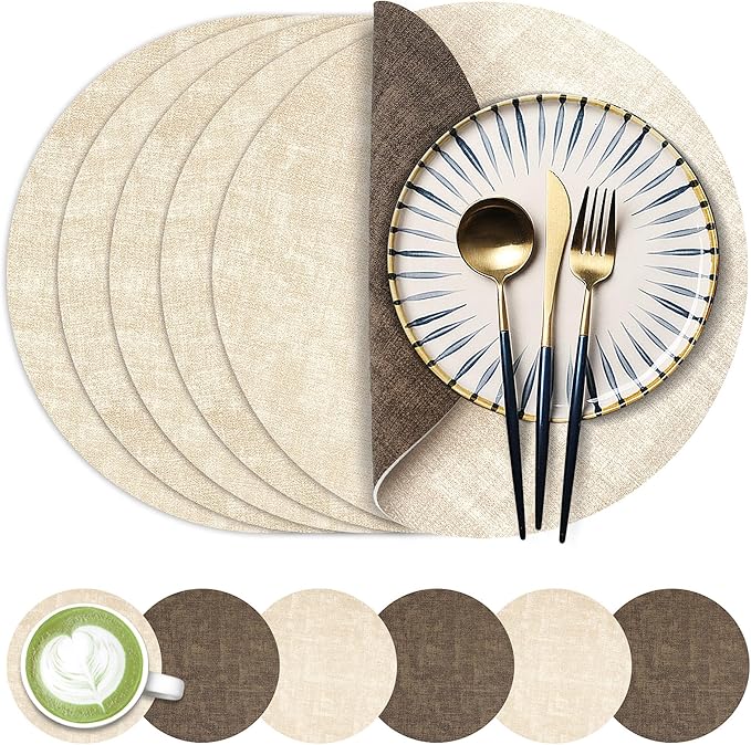 13-Inch Faux Leather Round Placemats Set of 6, Waterproof Anti-Slip Dual Sided Place mats, Heat Resistant Washable Table Mats with Coaster, Suitable for Indoor & Outdoor (6, Beige Dark Coffee)