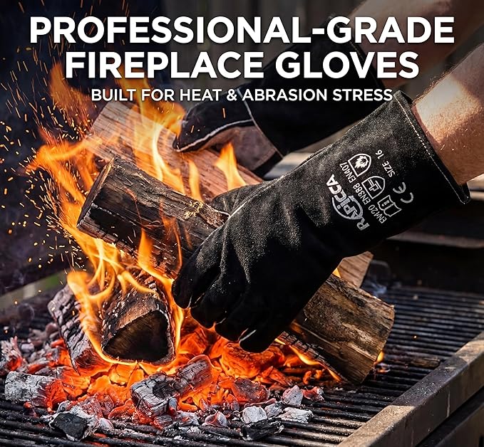 RAPICCA Fireplace Gloves Fire Heat Resistant: Black 14IN - Fireproof Leather for Fireplace Fire Pit Wood Stove Campfire Furnace BBQ Grill Oven Stick Mig Welding Welder Gear - Birthday Gift for men