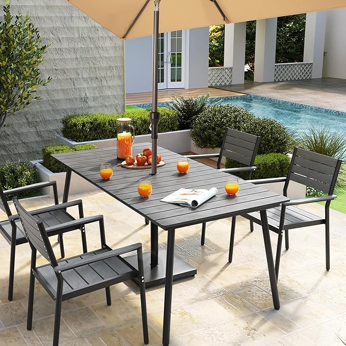 70" Patio Outdoor Dining Table for 6, Weather-Resistant Aluminum Frame with Wood-Grain Top & Umbrella Hole for Deck Gatherings, Grey