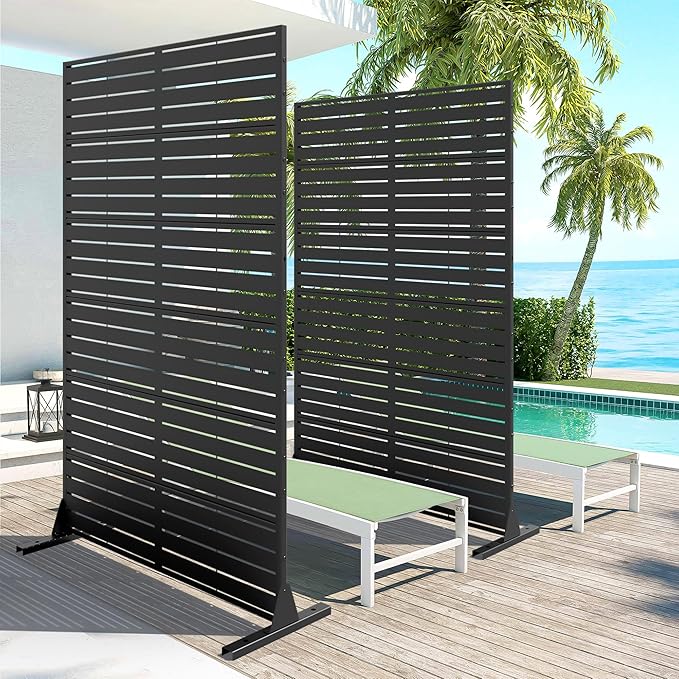 Casaphoria Metal Privacy Screen Outdoor, 72" H x 47" W Freestanding Decorative Privacy Screen for Patio Deck Balcony Garden with Stable Base, Louvered Black