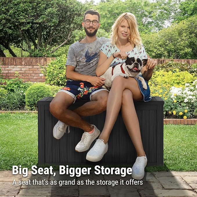 Mars Villa 150 Gallon Deck Box, Waterproof and Weatherproof Large Resin Storage Bin with Lockable Lid, Ideal for, Outdoor, Patio Furniture Cushions, Pool Supplies, Garden Tools, Black