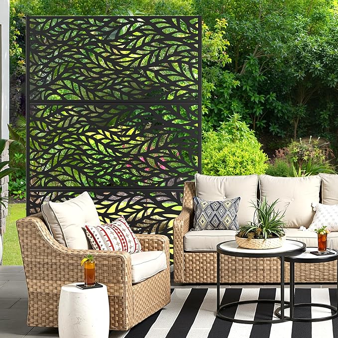 Metal Privacy Screen for Outdoor & Indoor Use, Free Standing Privacy Screen for Patio Garden Pool, 72" H x 47" W Decoative Privacy Panels, Weather Resistant, Easy Assembly (Black Spring Leaf)
