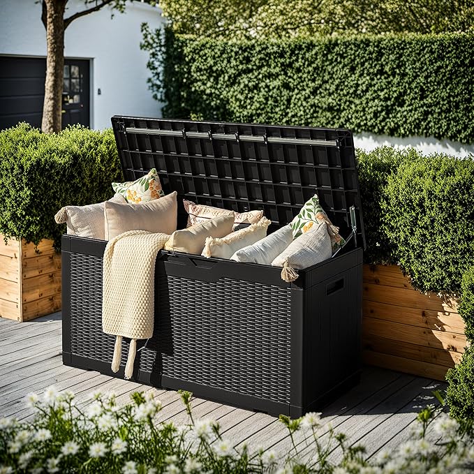 Devoko 97 Gallon Deck Box, Waterproof Resin Outdoor Storage Box for Outside and Patio, Large Outdoor Storage Bench Cabinet Lockable for Patio Furniture, Garden Tools and Pool Supplies (Black)