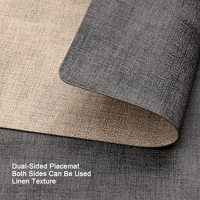 Myir JUN Placemats Dual Sided, Faux Leather Place Mats Set of 6 Indoor Placemat for Dining Table Outdoor Place Mat Manteles Individuales Square Non-Slip Washable Table Mats (Gray Beige, Set of 6)