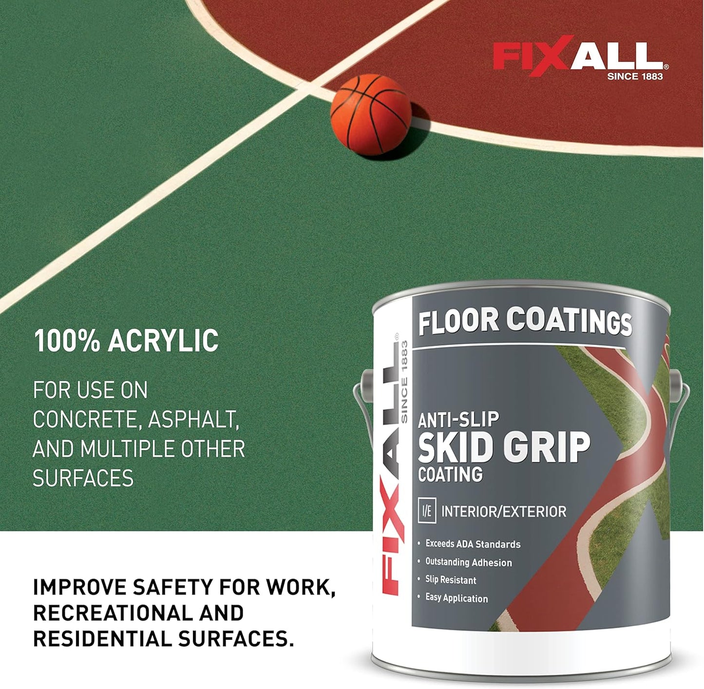 FIXALL Skid Grip Anti-Slip Coating, 1 Gallon, Smoke, Exceeds ADA Standards, Ideal for Safety Areas, Slip-Resistant Pavement, Cement & Concrete Paint