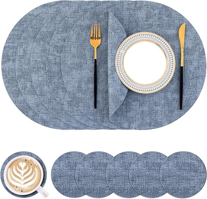 Homaxy Round Faux Leather Placemats and Coasters, Washable Dual-Side Table Mats, Wipeable Heat-Resistant Dining Place Mats for Outdoor and Indoor, Set of 6, Diameter 13 and 3.93 inch, Blue