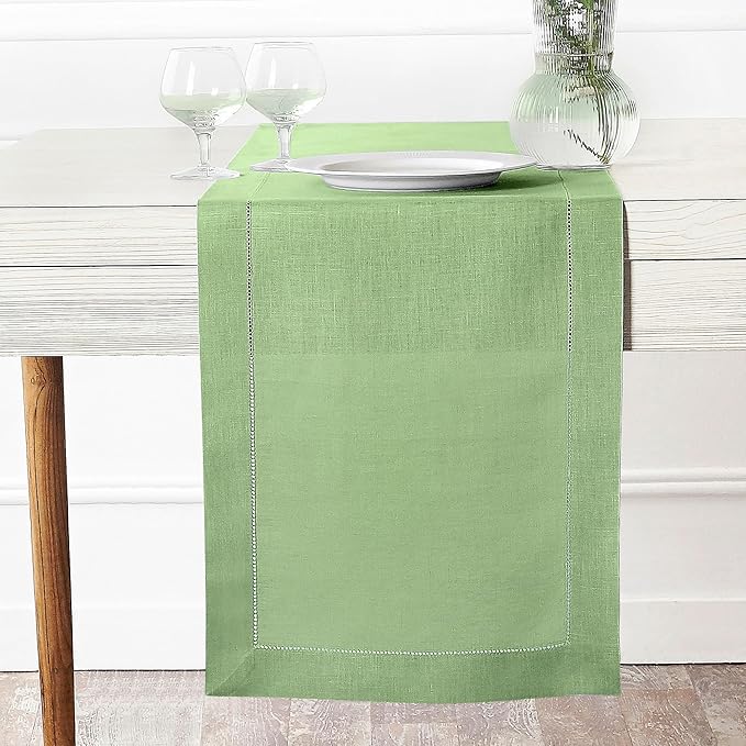 D'Moksha Homes Linen Sage Green Table Runner 48 Inches - Classic Hemstitch, 100% Pure Linen Coffee Table Runner 14 x 48 Inch Ideal for Dresser Tables - Spring, St Patricks Day, Easter