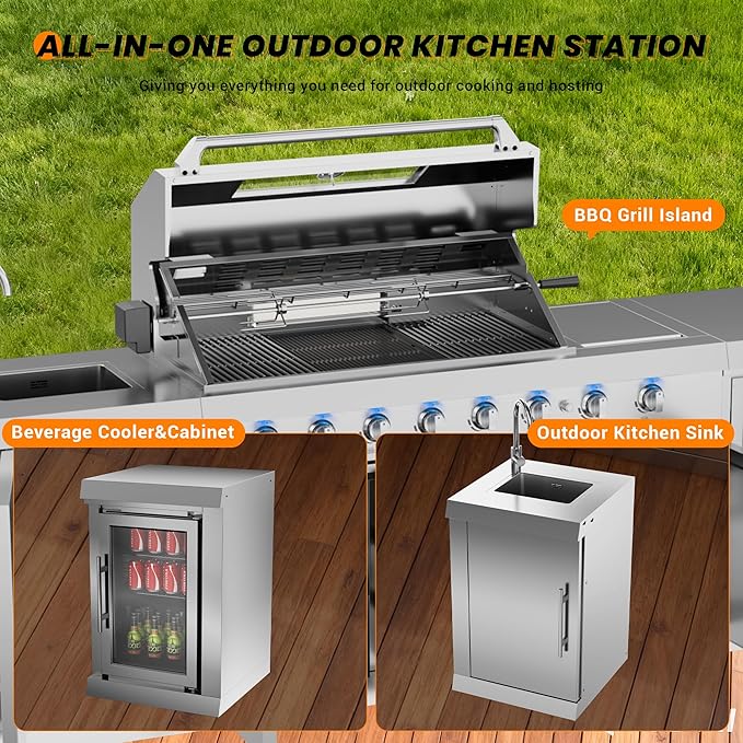CT Copper Tailor 6-Burner Outdoor Kitchen BBQ Grill Island 99,000 BTUs with Sink, Fridge, Rear Burner, Side Burner, Storage Cabinets & Drawers, Cover, Stainless Steel with Natural Gas Kit)