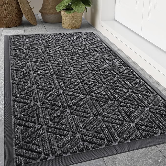 Smiry Front Door Mat Outside Entrance, Heavy Duty Sturdy Natural Rubber Doormat, Trap Dirt and Moisture, Easy Clean Low Profile Mats for Indoor Outdoor Entry, Grid Geometric (59x35, Grey)