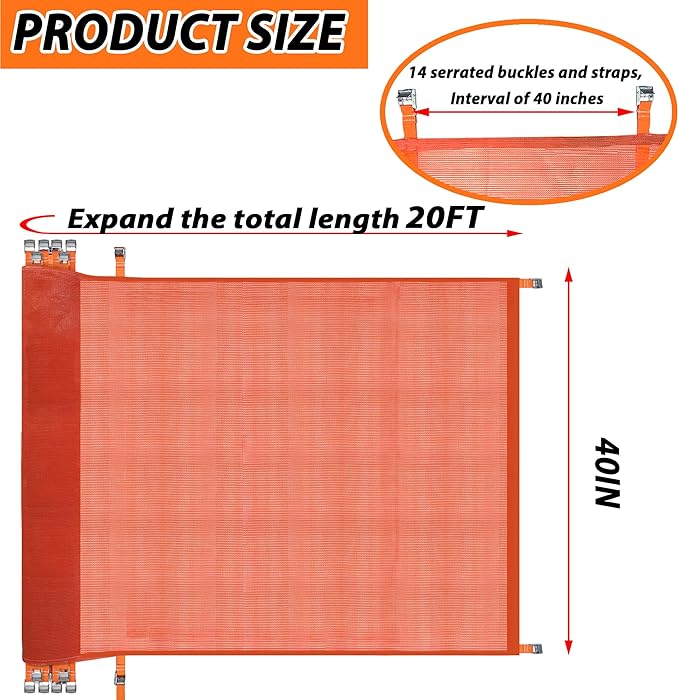 20' L x 40" W Construction Safety Debris Netting with 14 Tapes & Buckles, Orange Fire Retardant Pump Jack Safety Net, Scaffold Safety Netting Rolls Scaffold Net Enclosure