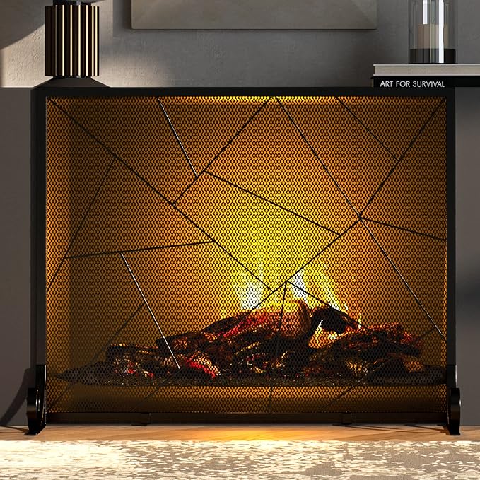 Fire Beauty Fireplace Screen Decorative Mesh Geometric Fire Spark Guard Gate Cover for Home