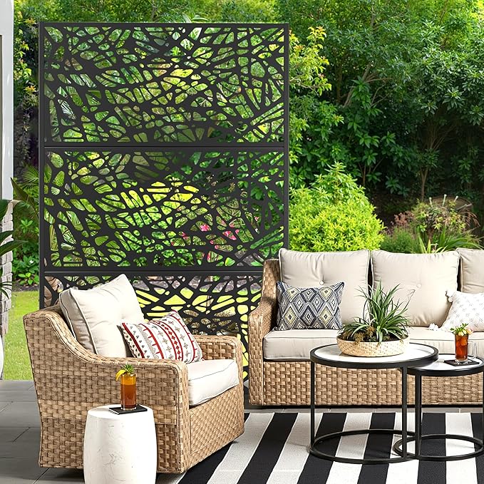 Metal Privacy Screen for Outdoor & Indoor Use, Free Standing Privacy Screen for Patio Garden Pool, 72" H x 47" W Decoative Privacy Panels, Weather Resistant, Easy Assembly (Black Net)