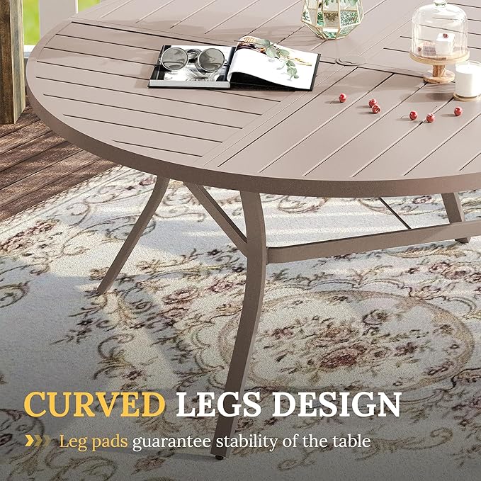 VICLLAX Round Patio Table with Adjustable Umbrella Hole for 8, All Weather Metal Outdoor Dining Table for Lawn Garden, 59.8" Outdoor Coffee Table, Cream Color Frame
