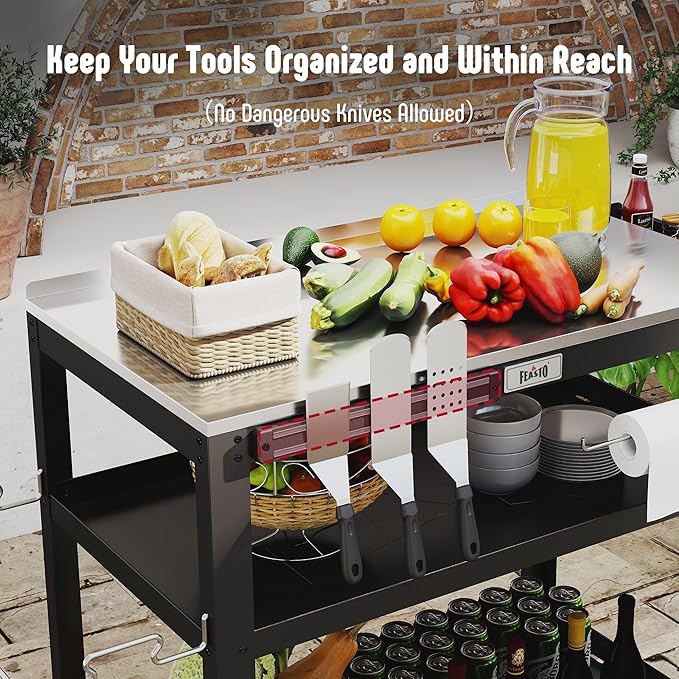 31.5"x18" Outdoor Grill Cart with Stainless Steel Tabletop, Movable Grill Table with Seasoning Rack & Magnetic Tools Holder, Backyard BBQ Kitchen Food Prep Table for Portable Grill & Pizza Oven