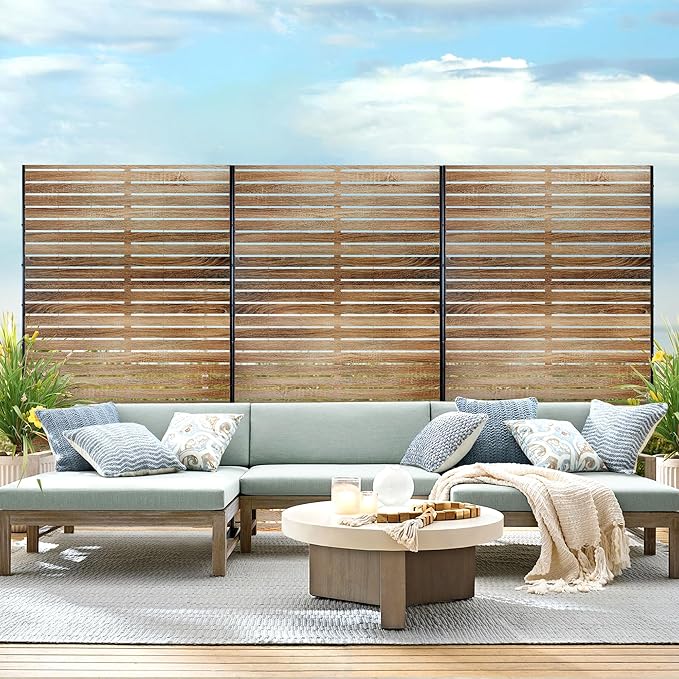 Metal Privacy Screen Outdoor 72" H×47" W,Freestanding Decorative Privacy Screen for Balcony Yard&Garden,Privacy Fence-Wooden Color
