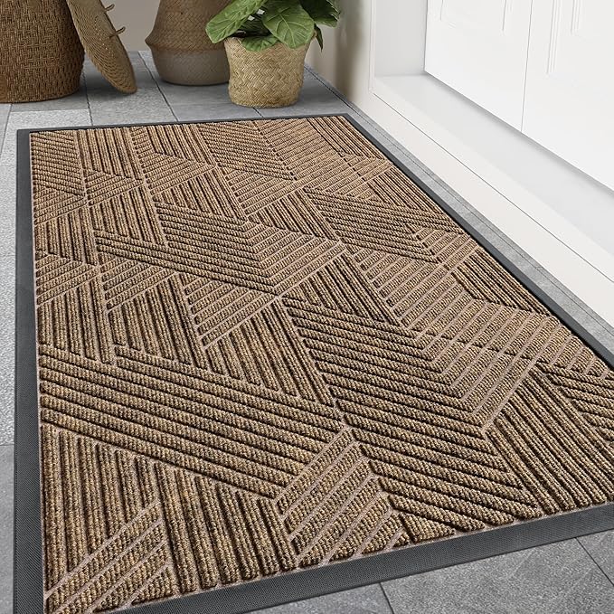 Smiry Front Door Mat Outside Entrance, Heavy Duty Sturdy Natural Rubber Doormat, Trap Dirt and Moisture, Easy Clean Low Profile Mats for Indoor Outdoor Entry, Irregular Triangle (47x32, Brown)