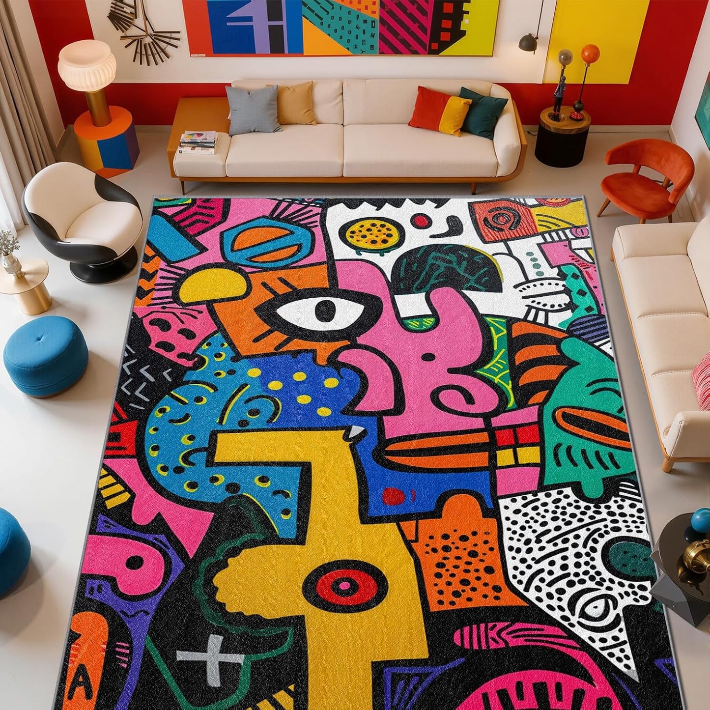 Abstract Rug 5x7-6x8 Rug - Abstract Rug - Colorful Pop Art Area Rug - Modern Geometric Graffiti Rugs - Multicolor Artistic Carpet - Home Decor