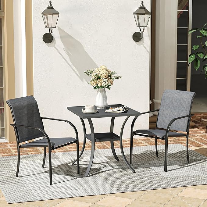 VICLLAX Patio Dining Table, Square Table Metal Outdoor Bistro Table with Rack for Balcony Garden Deck, 28inch Dark Grey
