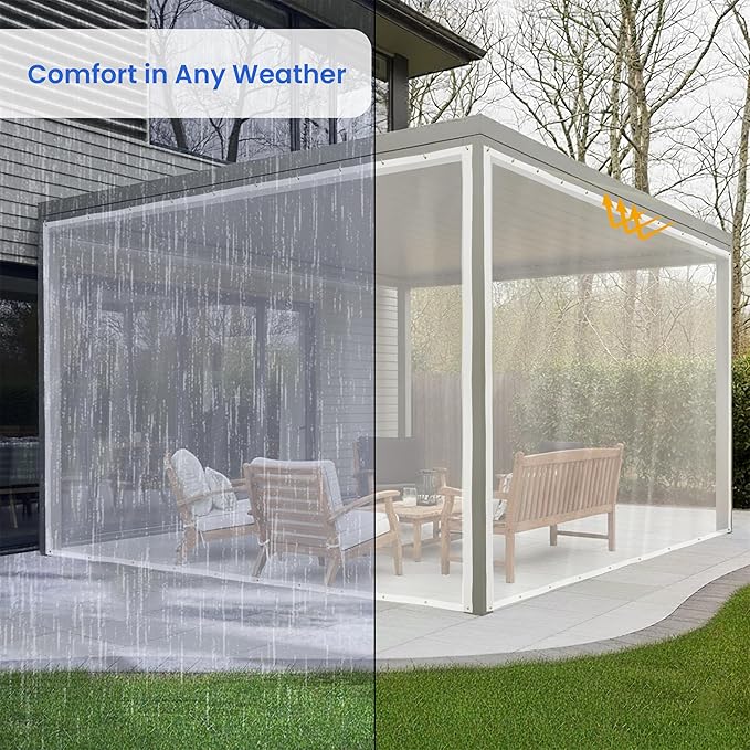 Covers & All Outdoor Clear Tarp Curtain, 18oz Clear Outdoor Curtains for Patio, Waterproof & Tear Proof Transparent PVC Vinyl Tarp with Rustrpoof Grommets for Porch, Gazebos, Balcony (8'H x 9'W feet)