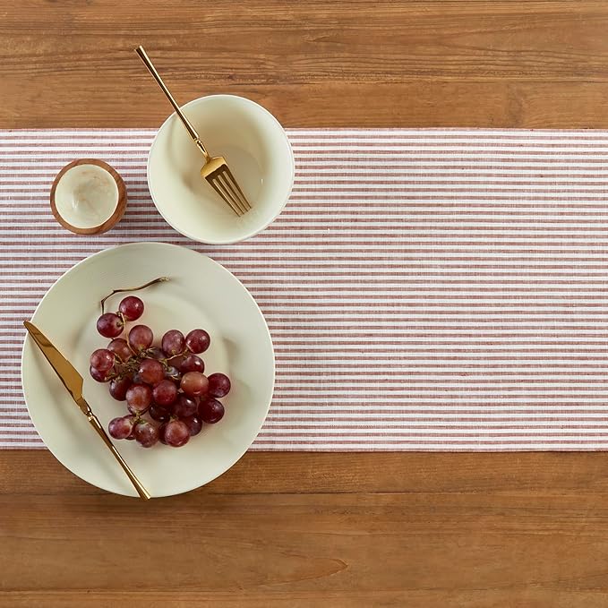 Solino Home Linen Striped Table Runner 36 Inches - Narrow Stripe, 100% Pure Linen Cinnamon and White Small Table Runner 14 x 36 Inch Ideal for Dresser and Coffee Tables