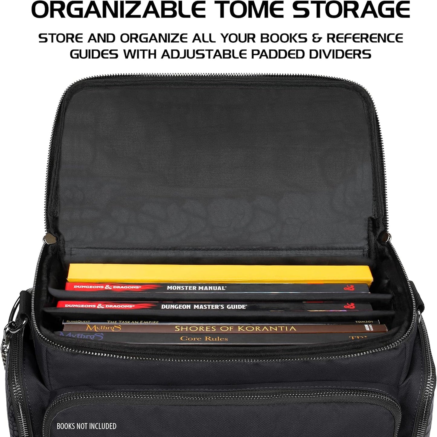 ENHANCE Collector's Edition RPG Adventurer's DND Bag - Dragon Hide Exterior Travel RPG Bag with Tabletop Miniatures Storage Vault, Mat Holder, DND Dice & Token Pockets, Fits 4-8 Books (Dragon Black)