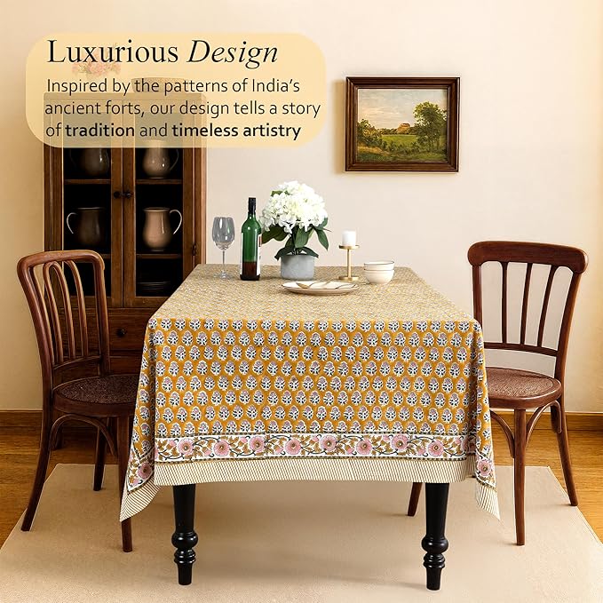 CPC Tablecloth 100% Cotton 72x160 Inch Indian Block Print Rectangle Table Cover, Yellow Table Cloth for Weddings, Spring/Summer, Barbeque - Yellow Citrine