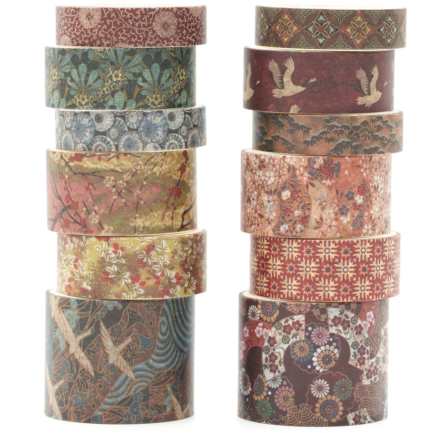 12 Rolls Kyoto Charm Washi Tape Set Japanese Arts Adhesive Tapes Geometric Garden Decorative Masking Tape Sets for Craft, Kids, Scrapbook, DIY, Gift Wrapping (Crimson Fields)