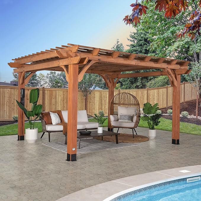 Backyard Discovery Beaumont 14' x 12' Traditional Cedar Wood Pergola Kit with Trellis Roof, All-Season Durability, High-Wind Rating, PowerPort, Shade for Outdoor Patio, Deck, Garden, and Entertaining
