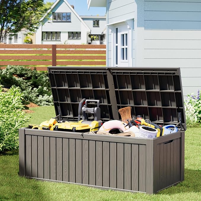 NUNU LAB 220 Gallon Outdoor Storage Box Waterproof, Outside Package Delivery Deck Boxes with Lockable Lid, Backyard Storage Bin For Garden Tools, Patio Cushions, Gray