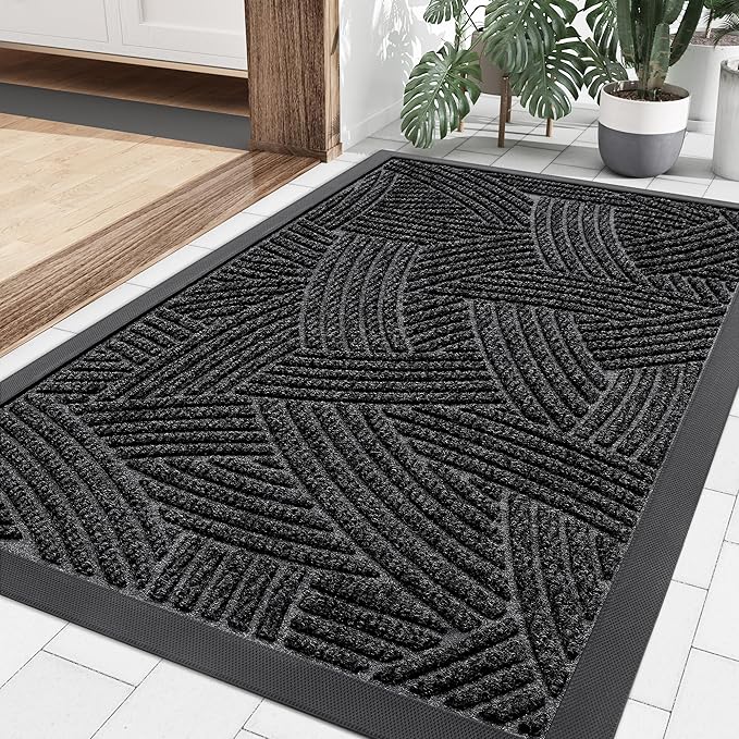Smiry Front Door Mat Outside Entrance, Heavy Duty Sturdy Natural Rubber Doormat, Trap Dirt and Moisture, Easy Clean Low Profile Mats for Indoor Outdoor Entry, Interwoven Stripes (29.5x17, Black)