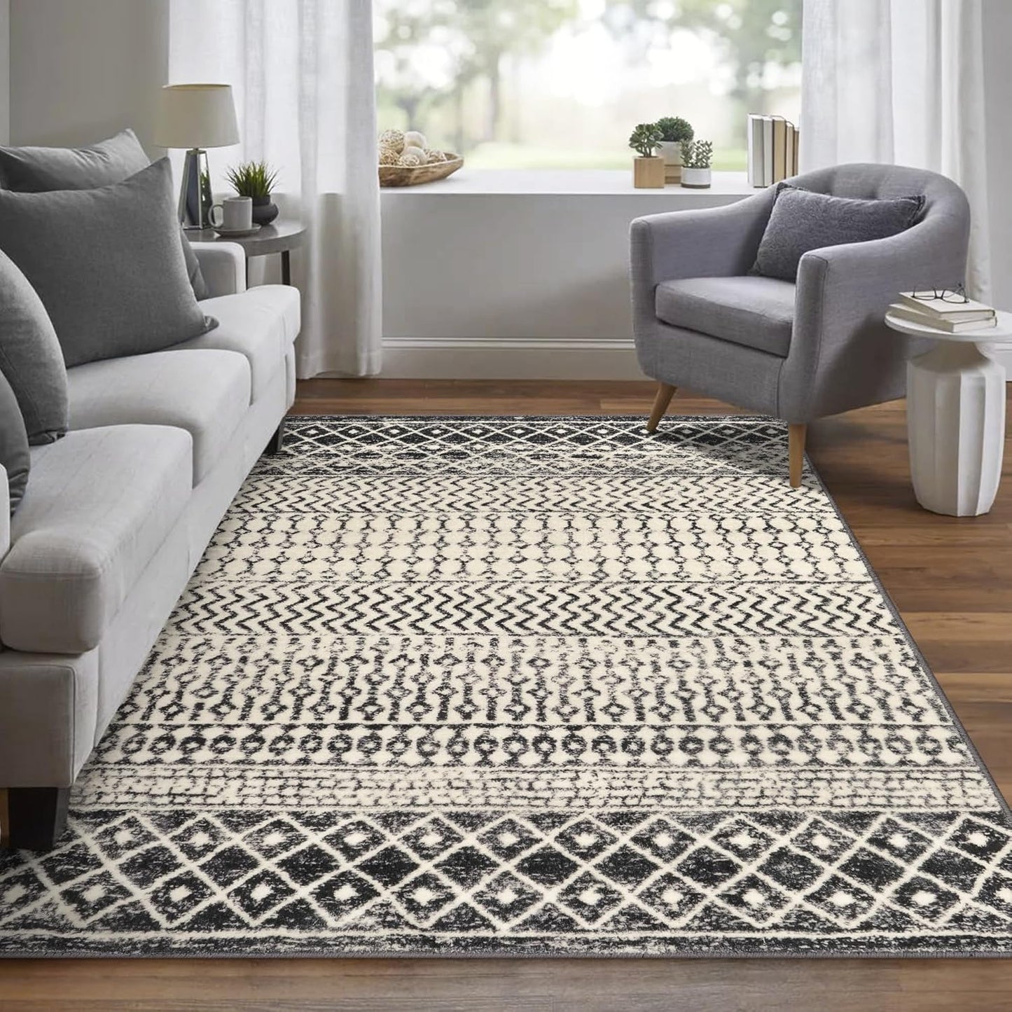 Geometric Moroccan 6x9 Rug, Ultra Soft Distressed Black Rug for Bedroom Non-Slip, Low-Pile Washable Living Room Rug Indoor Carpet for Bedroom Dining Room Classroom Dorm