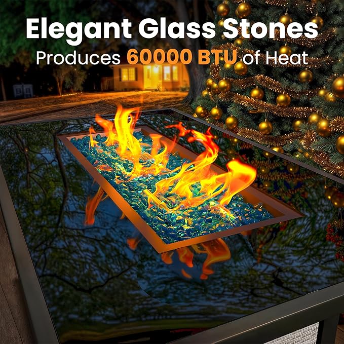 Propane Outdoor Fire Pit Table, 43" Rattan Rectangle Fire Pit Table, Outdoor Gas FirePit W/Glass Wind Guard, Tempered Glass Tabletop, Lid, CSA Listed, 60,000 BTU for Outside Patio Deck & Garden