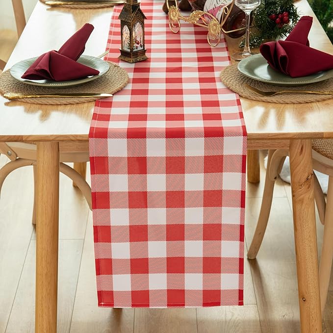 Waterproof Checkered Tablecloth Runner Fabric - Rectangle 12x108 Inch Classic Gingham Buffalo Plaid Table Cloth for Indoor/Outdoor Use - Table Cover for Kitchen, BBQs, and Parties