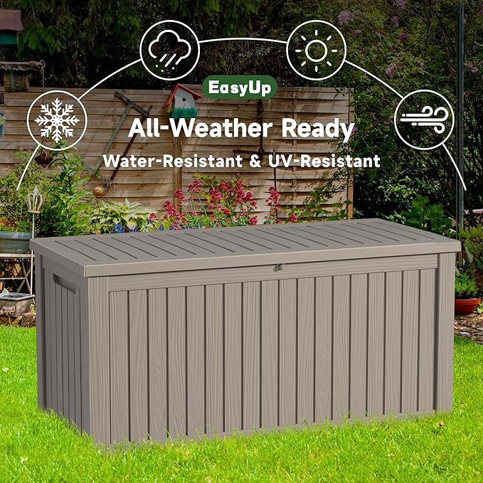 EasyUp 200 Gallon Outdoor Storage Box Waterproof, Lockable Resin Deck Box UV Resistant with Hydraulic Rod, Reinforced Stability for Patio, Garden, and Pool, Striped Gray