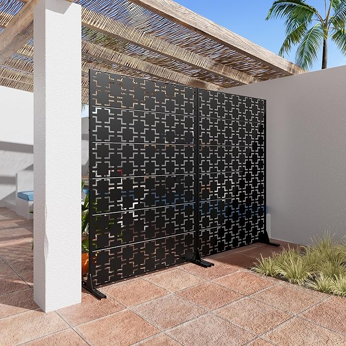 Casaphoria Metal Privacy Screen Outdoor, 72" H x 47" W Freestanding Decorative Privacy Screen for Patio Deck Balcony Garden with Stable Base, Black-Brick