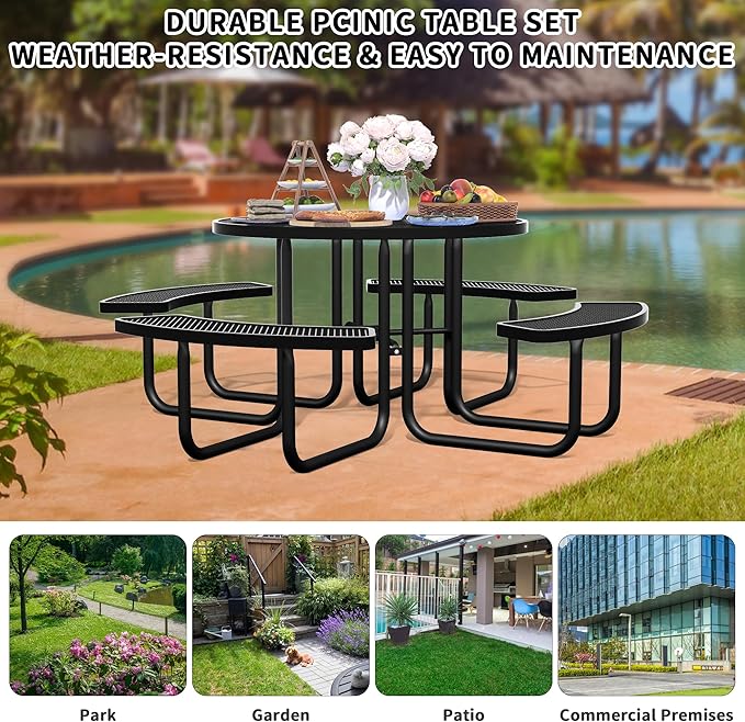 46'' Round Metal Picnic Table for Outdoors, Commercial Steel Metal Picnic Tables, Heavy Duty Sturdy Picnic Tables Furniture Set for Patio Garden Courtyard BBQ, with Umbrella Hole