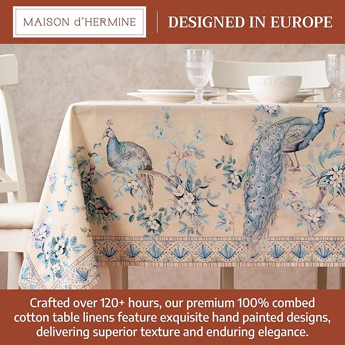 Maison d' Hermine Premium Table Cloth Rectangle Table 100% Combed Cotton 90 x 70 Inches Tablecloth Reusable Decorative for Dining Room Farmhouse Party Festive Wedding - Peacock Utopia - Sandy Beach
