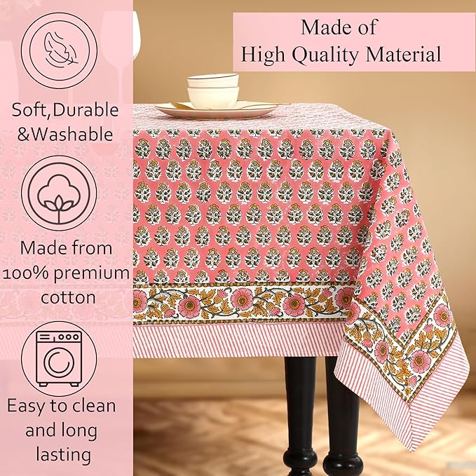 CPC Tablecloth 100% Cotton 70x118 Inch Indian Block Print Rectangle Table Cover, Washable Table Cloth for Weddings, Spring/Summer, Barbeque - Poppy Pink