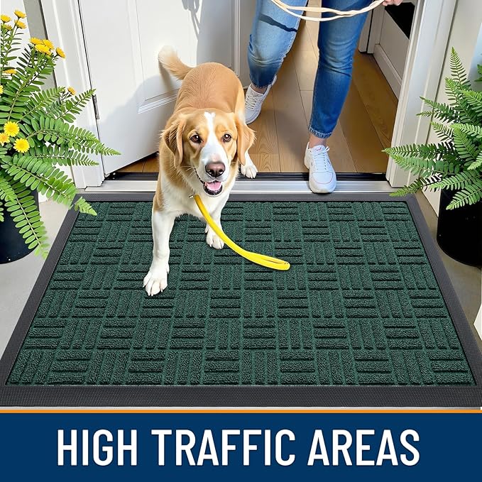 OLANLY Front Door Mat Outside Entrance 29.5x17, Absorbent, Heavy Duty Sturdy Natural Rubber Doormat Indoor Outdoor, Non-Slip, Stain and Fade Resistant, Low Profile Floor Mat for Entryway, Black Green