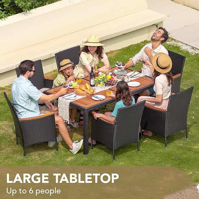 Devoko Dining 7 PCS Furniture, Patio Conversation Set with Acacia Wood Table Top, Outdoor, Beige Cushion and Black Rattan
