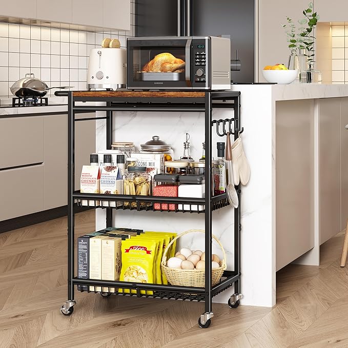 Microwave Kitchen Cart with Push Handle, 3 Tier Rolling Cart with 2 Lockable Wheels, Vintage Kitchen Storage Cart with 210Lbs Capacity for Kitchen Island, Restaurant, Coffee Bar, Living Room, Office