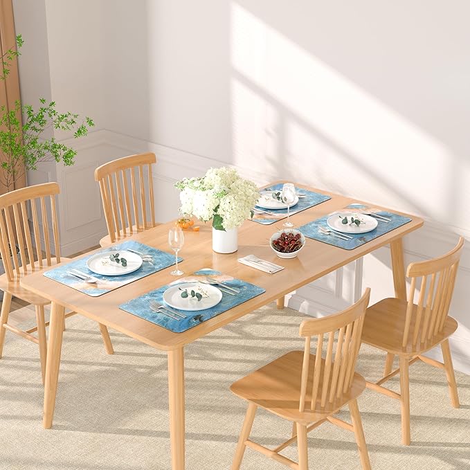 QIYI Placemats Set of 4, 12x18 Inch Faux Leather Place Mats for Kitchen Dinning, Heat Resistant Non Slip Pink Table Mats, Waterproof Wipeable Washable Placemat Party Table Décor, Blue Fluid Marble