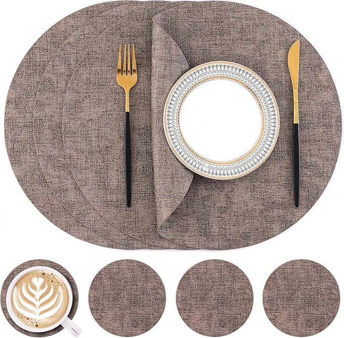 Homaxy Round Faux Leather Placemats and Coasters, Washable Dual-Side Table Mats, Wipeable Heat-Resistant Dining Place Mats for Outdoor and Indoor, Set of 4, Diameter 13 and 3.93 inch, Dark Brown